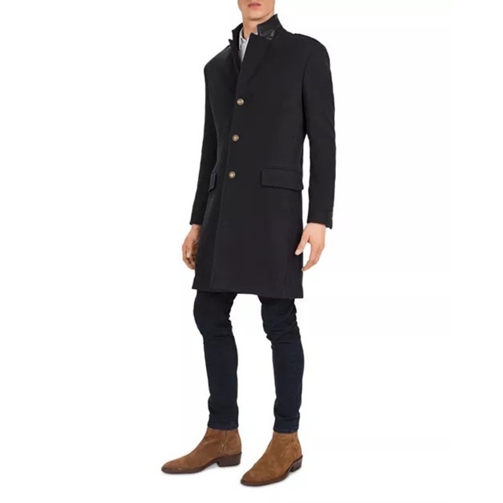 The Kooples Men's Ninfetta Leather-Collar Top Coat Black Size FR XS MSRP $650